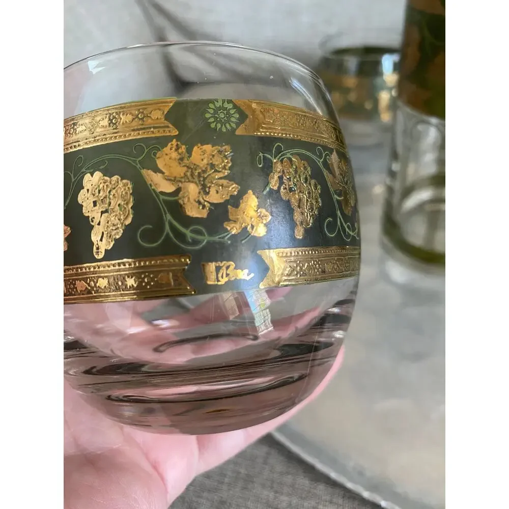 Vintage 1950 Cera Glass Golden Grapes Hollywood Regency Green Gold Barware, 7 Pc